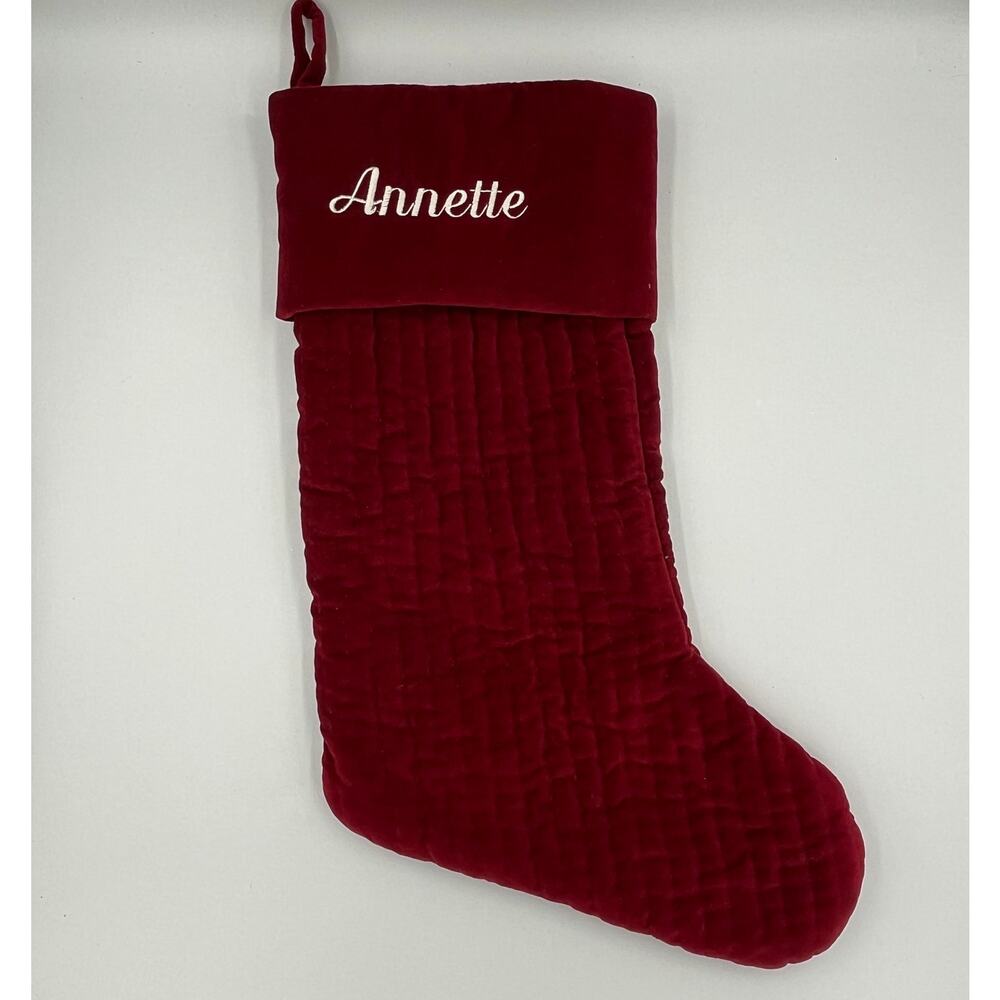 Pottery Barn Velvet Quilted Red Christmas Stocking Personalized "Annette"